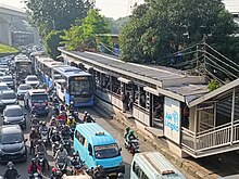 Traffic congestion in Jakarta, West Java BNN Temporary Transjakarta Stop at Rush Hour, 2023.jpg