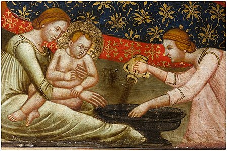 Bathing the infant Christ, tryptique of Saint Cecilia