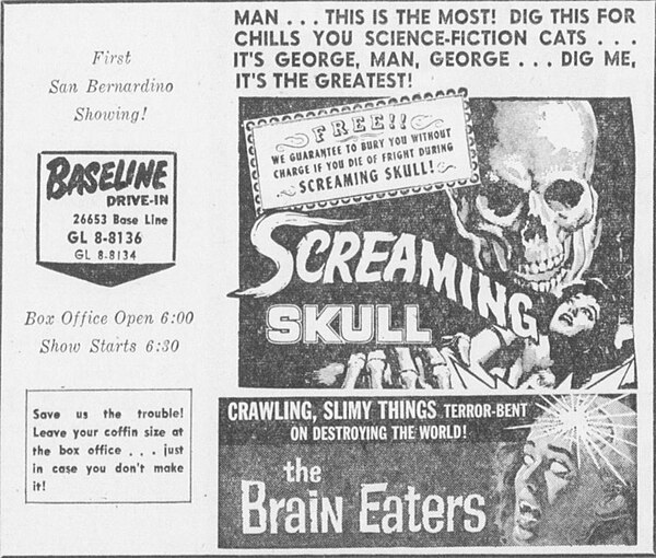 Drive-in advertisement featuring The Screaming Skull with companion feature, The Brain Eaters.