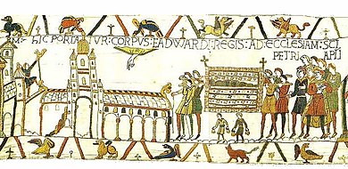 Edward's funeral in Westminster Abbey (left), where he is buried, as depicted in scene 26 of the Bayeux Tapestry BayeuxTapestryScene26.jpg