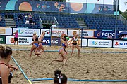 Deutsch: Beachhandball Europameisterschaften 2019 (Beach handball Euro); Tag 5: 6. Juli 2019 – Frauen, Halbfinale, Ungarn-Niederlande 2:0 (19:16, 15:12) English: Beach handball Euro; Day 5: 6 July 2019 – Semifinal Women – Hungary-Netherlands 2:0 (19:16, 15:12)