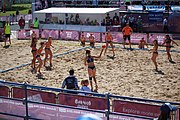 Deutsch: Beachhandball bei den Olympischen Jugendspielen 2018; Tag 3, 10. Oktober 2018; Mädchen, Vorrunde, Gruppe B - Niederlande-Argentinien 2:0 English: Beach handball at the 2018 Summer Youth Olympics at 10 October 2018 – Girls Preliminary Round Group B‎ – Netherlands-Argentina 2:0