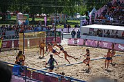 Deutsch: Beachhandball bei den Olympischen Jugendspielen 2018; Tag 3, 10. Oktober 2018; Mädchen, Vorrunde, Gruppe B - Niederlande-Argentinien 2:0 English: Beach handball at the 2018 Summer Youth Olympics at 10 October 2018 – Girls Preliminary Round Group B‎ – Netherlands-Argentina 2:0