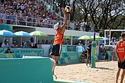 Deutsch: Beachvolleyball bei den Olympischen Jugendspielen 2018; Tag 11, 17. Oktober 2018; Jungen,Finale – Niederlande (Matthew Immers/Yorick de Groot)-Schweden (David Åhman/Jonatan Hellvig) 0:2 (20–22/15–21) English: Beach volleyball at the 2018 Summer Youth Olympics at 17 October 2018 – Final – Netherlands (Matthew Immers/Yorick de Groot)-Sweden (David Åhman/Jonatan Hellvig) 0:2 (20–22/15–21)