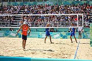 Deutsch: Beachvolleyball bei den Olympischen Jugendspielen 2018; Tag 11, 17. Oktober 2018; Jungen,Finale – Niederlande (Matthew Immers/Yorick de Groot)-Schweden (David Åhman/Jonatan Hellvig) 0:2 (20–22/15–21) English: Beach volleyball at the 2018 Summer Youth Olympics at 17 October 2018 – Final – Netherlands (Matthew Immers/Yorick de Groot)-Sweden (David Åhman/Jonatan Hellvig) 0:2 (20–22/15–21)