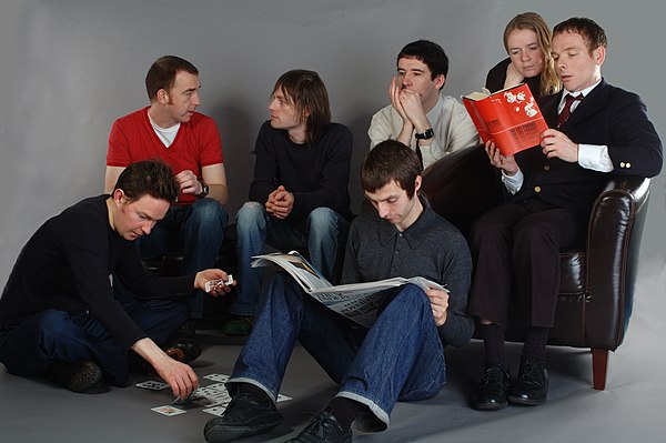 Members of Belle and Sebastian, pictured sometime between 2001 and 2006. Left to right: Mick Cooke, Richard Colburn, Bobby Kildea, Chris Geddes, Stevi