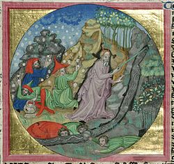 Iluminace z Bible boskovické z doby kolem roku 1420. Izraelité sbírají manu na poušti, Mojžíšův zázrak s pramenem