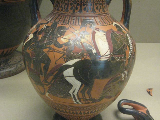 A depiction of the Gigantomachy showing a typical central group of Zeus, Heracles and Athena. black-figure amphora in the style of the Lysippides Pain