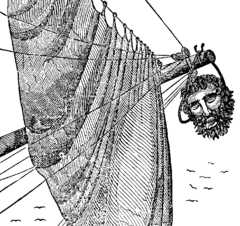 Image 17Blackbeard's severed head hanging from Maynard's bowsprit; illustration from The Pirates Own Book (1837) (from Piracy)