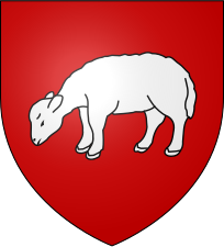 De gules un cordero pascuante (pastando) de argén. Escudo de armas de Ladevèze (Gers), Francia