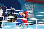 Deutsch: Boxen bei den Olympischen Jugendspielen 2018 Tag 12, 18. Oktober 2018 - Finale im Leichten Weltergewicht Jungen – Ilia Popov (Russland, rot) schlägt Talgat Shaiken (Kasachstan, blau) 4-1; Ringrichter ist James Beckles (Trinidad und Tobago). English: Boxing at the 2018 Summer Youth Olympics on 18 October 2018 – Final Light Welterweight Boys Bout - Ilia Popov (Rusia, rojo) supera a Talgat Shaiken (Kazajstán, azul) 4-1; Referee is James Beckles (Trinidad and Tobago). Español: Boxeo en los Juegos Olímpicos Juveniles de Verano de 2018 en 18 de octubre de 2018 - Chicos de peso welter ligero final: Ilia Popov (Uzbekistán, roja) le gana a Talgat Shaiken (Egipto, azul) 4-1; El árbitro es James Beckles (Trinidad y Tobago).