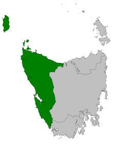 Mapa dos Tasmânia divisões do Conselho Legislativo, Derwent em destaque na carmesim.