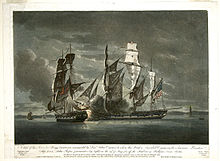 Naval battle off Halifax between the American privateer ship Jack crewed by U.S. Merchant Mariners and HMS Observer by night on 29 May 1782. BriggObserveregagingtheJack29May1782HalifaxPublRDodd1Sept1784BerleyRobisonCollectionUSNavalAcademy.jpg