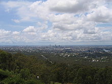 Brisbane is the largest city in both the South East Queensland region and the state of Queensland. Brisbane from Mt Mount Coot-tha.jpg