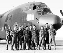 Photo of MC-130E, AF Ser. No. 64-0564, and "Dragon 2" crew just before departing for Desert One. C-130-64-0564-dragon2-dsrt1-1980.jpg