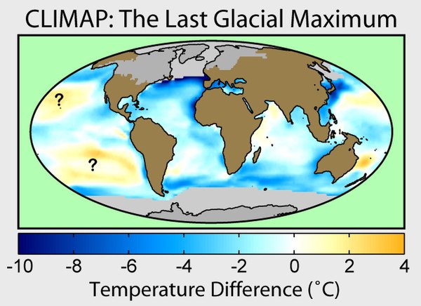 A map of sea surface temperature changes and glacial extent during the last glacial maximum according to Climate: Long range Investigation, Mapping, and Prediction.