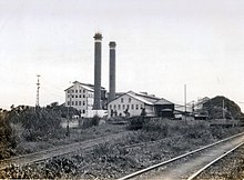 The Calamba Sugar Central sugar mill on Luzon in 1929. Calamba Sugar Central Luzon, P.I.jpg