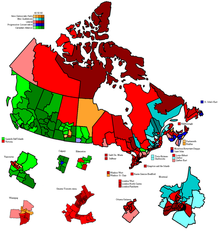 Map of Canada, showing the results of the 2000 election by riding.