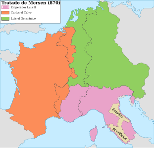 Divisioni dell'Impero nei trattati di Verdun (anno 843, linea tratteggiata) e Meersen (870).