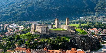 Castelgrande from Montebello. The commanding location of the castle rock in the narrow valley made this a natural site for fortifications Castelgrande Bellinzona.JPG