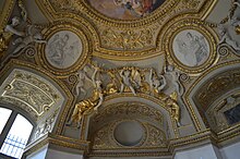 Baroque stucco on the ceiling of the Rotonde de Mars in the Louvre Palace, Paris, by Balthazard Marsy and Gaspard Marsy, 1658 Ceilings of the rotonde de Mars (509).jpg
