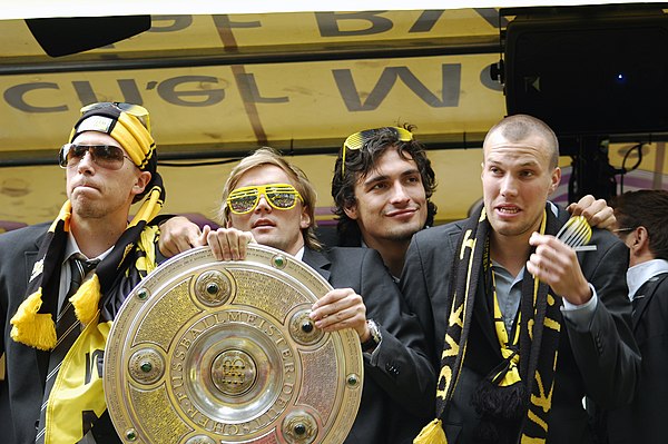 Borussia Dortmund players celebrate winning the Bundesliga in 2011.