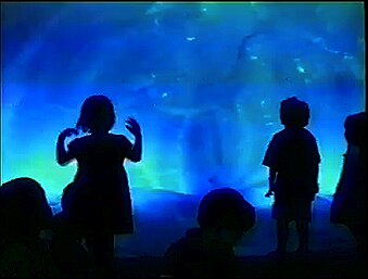 Omnisensorial culture: Children visiting an "omnisensorial" Lalalandia installation in 1995. The art collective's immersive creations often involved recycled materials from Williamsburg's abandoned factories. Children in Blue - Lalalandia.jpg