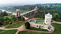Clifton Suspension Bridge photographed from above and north east with Clifton Observatory in the foreground