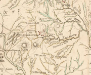 A map depicting the settlement of Hillsborough between the Haw River to the west and the Eno River to the east