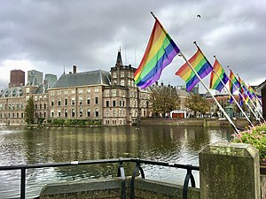Rainbow flags in the Netherlands where Queen Beatrix signed a law to make it the first country to legalize same-sex marriage. Coming-Out Day 2020 in The Hague - Rainbow flags at Hofvijver next to the national parlement of the Netherlands - img 07.jpg