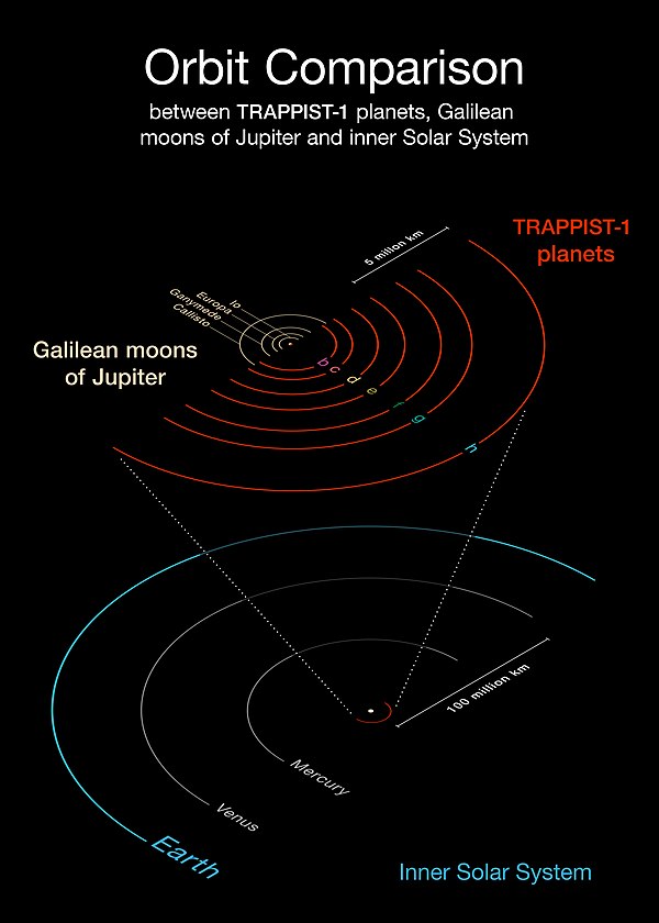 Comparison of the orbits of the TRAPPIST-1 planets with the Solar System and Jupiter's moons