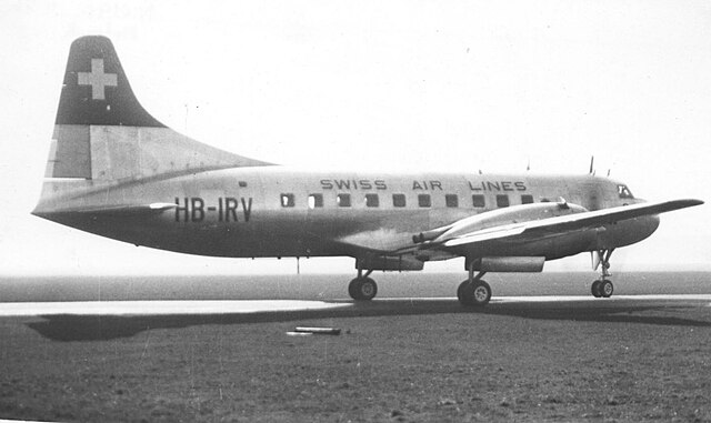 A 1949-built Convair 240 of Swissair at Manchester, England, in March 1950