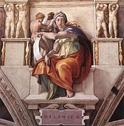Representación de Miguel Ángel de la Sibila délfica, a veces identificada con Casandra y como una alusión del autor a la grecia clásica. (Fresco en la Capilla Sixtina).
