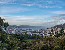 View of the Wellington Harbour from Mount Cook Departure (33950426345).jpg