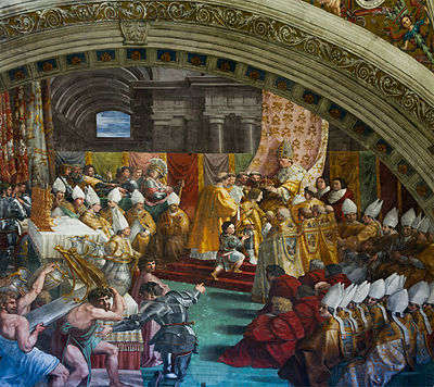Raphael's The Coronation of Charlemagne (1514–15). The 800 AD coronation led to disputes over an emperor's ability to hand out benefices.