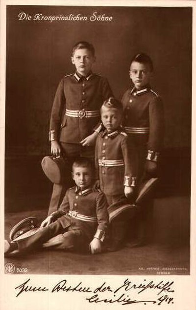 Prince Wilhelm in 1914, with his younger brothers, Louis Ferdinand, Hubertus and Friedrich. The boys are dressed in the uniform of the Prussian army.