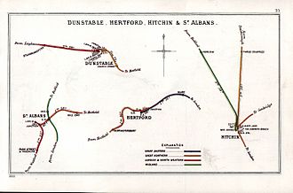 A 1902 Railway Clearing House map of railways in the vicinity of Three Counties (upper right) Dunstable, Hertford, Hitchin & St Albans RJD 35.jpg