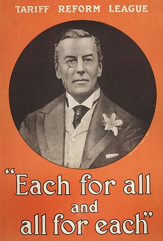 Tariff Reform League poster, featuring Joseph Chamberlain Each for all and all for each.jpg