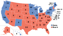 Republican George W. Bush defeated Democrat Al Gore in the 2000 presidential election. ElectoralCollege2000.svg