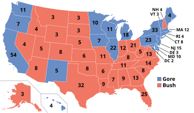 Al Gore won the states in blue, George W. Bush won the states in red ElectoralCollege2000.svg