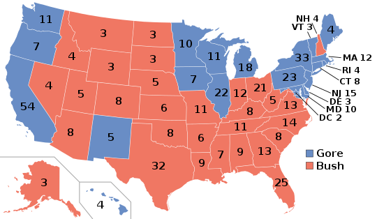 The Bush–Cheney ticket won the 2000 presidential election with 271 electoral votes but with only 47.9% of the popular vote, less than their opposition ticket, Gore–Cheney, which received 48.3%.