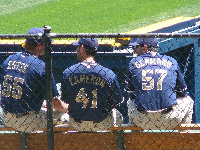 Estes (left) with fellow Padres pitchers Kevin Cameron and Justin Germano, in 2008.