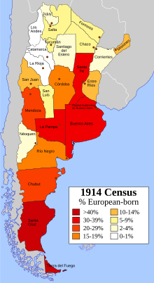 Percentage of Argentines --by provinces and territories-- that were born in Europe (1914) Europeans in Argentina (1914).svg