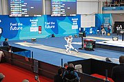 Deutsch: Fechten bei den Olympischen Jugend-Sommerspielen 2018: Tag 1, 7. Oktober 2018, Jungen, Säbel, Viertelfinale - Samuel Jarry (FRA) - Mazen Elaraby (EGY) 14:15 English: Fencing at the 2018 Summer Youth Olympics at 7 October 2018 – Boys' sabre Quarterfinals – Samuel Jarry (FRA) Vs Mazen Elaraby (EGY) 14:15