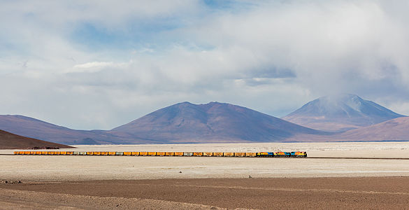 FCAB railway crossing the 35 kilometers (22 mi) long route over the west side of the Ascotán salt flat, southwestern Bolivia.