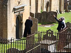 Filming the Father Brown series in Blockley Churchyard.JPG