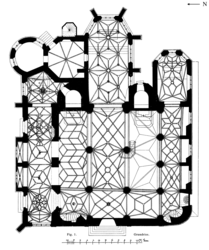 Church floor plan, St. Leonhard, Frankfurt, transformed from Romanesque to Gothic