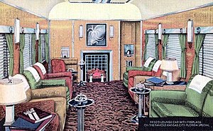 The lounge car interior of the Kansas City–Florida Special, c. 1930s