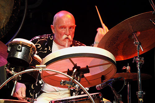 Günter Sommer with bodhrán and bongo drums in his kit
