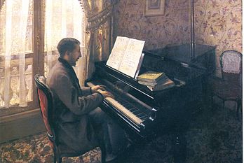 Jeune homme au piano, par Gustave Caillebotte. (Huile sur toile - Collection particulière). (définition réelle 800 × 512*)